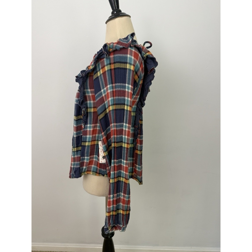 We the FREE PEOPLE New Siena Plaid Pullover TOP Small Babydoll Teal Country $118 - Picture 10 of 16